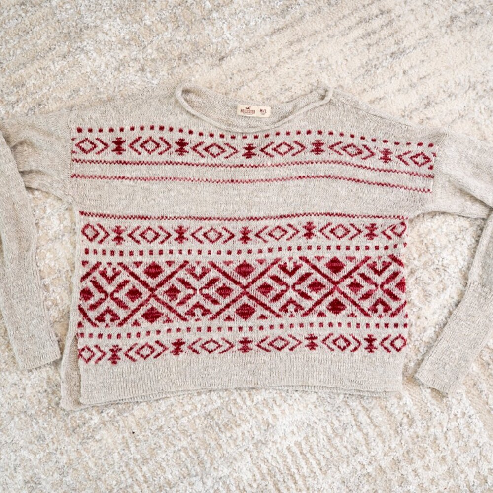 Hollister Sweater Womens Size M/L Red & Gray Long Sleeve